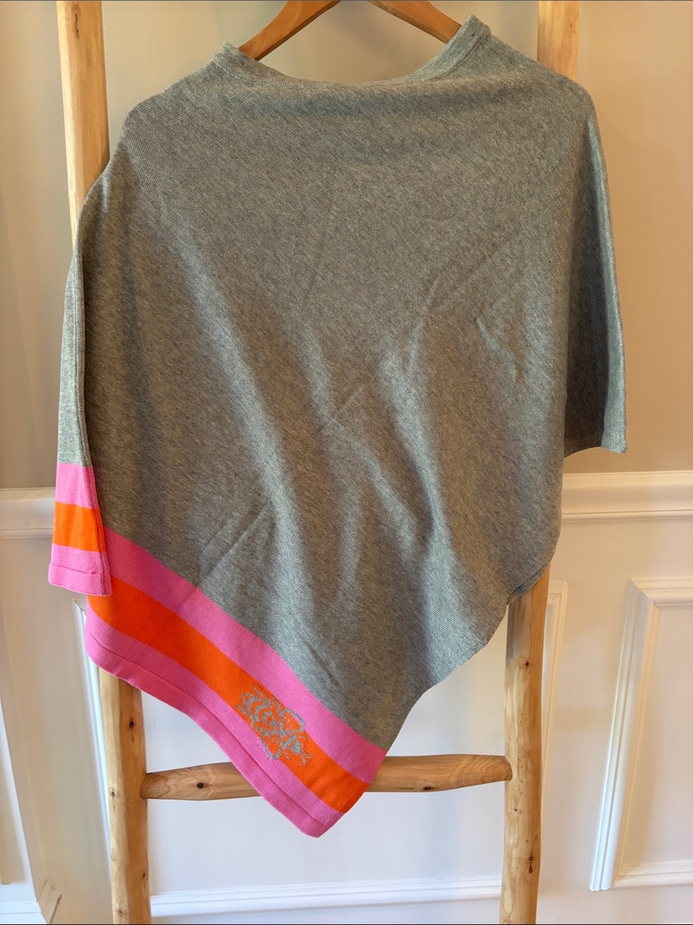 Women's Gray Poncho Top with Pink & Orange Stripe